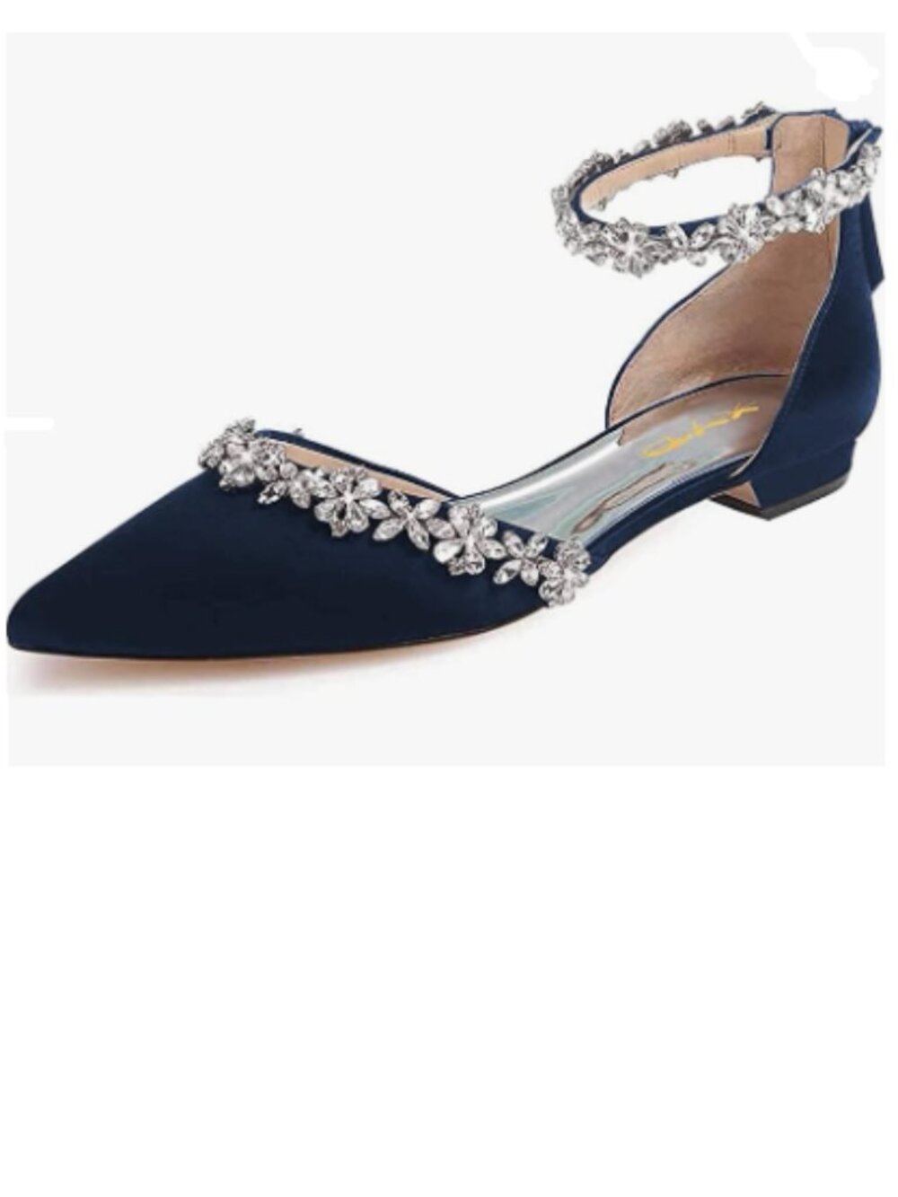 XYD Navy Pointed Toe D'Orsay Wedding Flat Sandals Rhinestones Ankle Strap